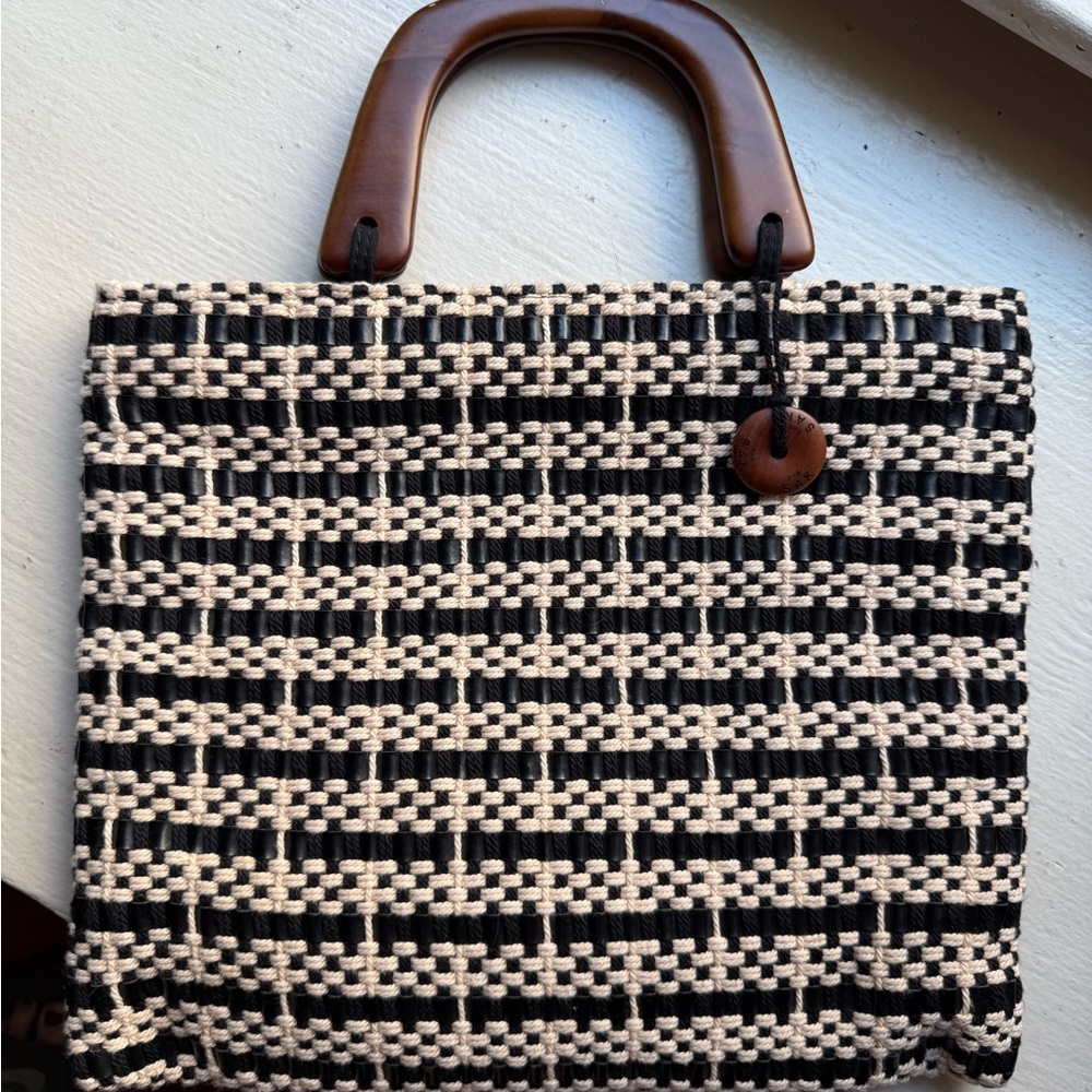The Sak Black and Cream Checkered Tote with Wooden Handles